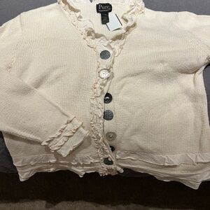 Pure Handknit Boho Cream Cardigan with Art Buttons and Ruffle Trim cotton large